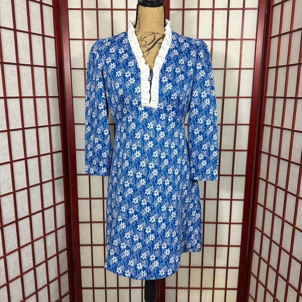Vintage 70s Sears Blue White Floral Long Sleeve Mini Dress Flower Power Retro